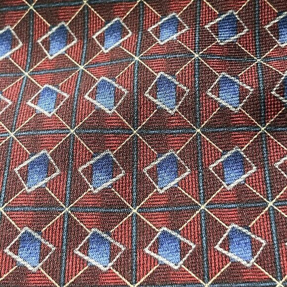 J Z RICHARDS Red & Blue Necktie CASHMERE & SILK Hand Made USA Geometric Pattern - Picture 2 of 5